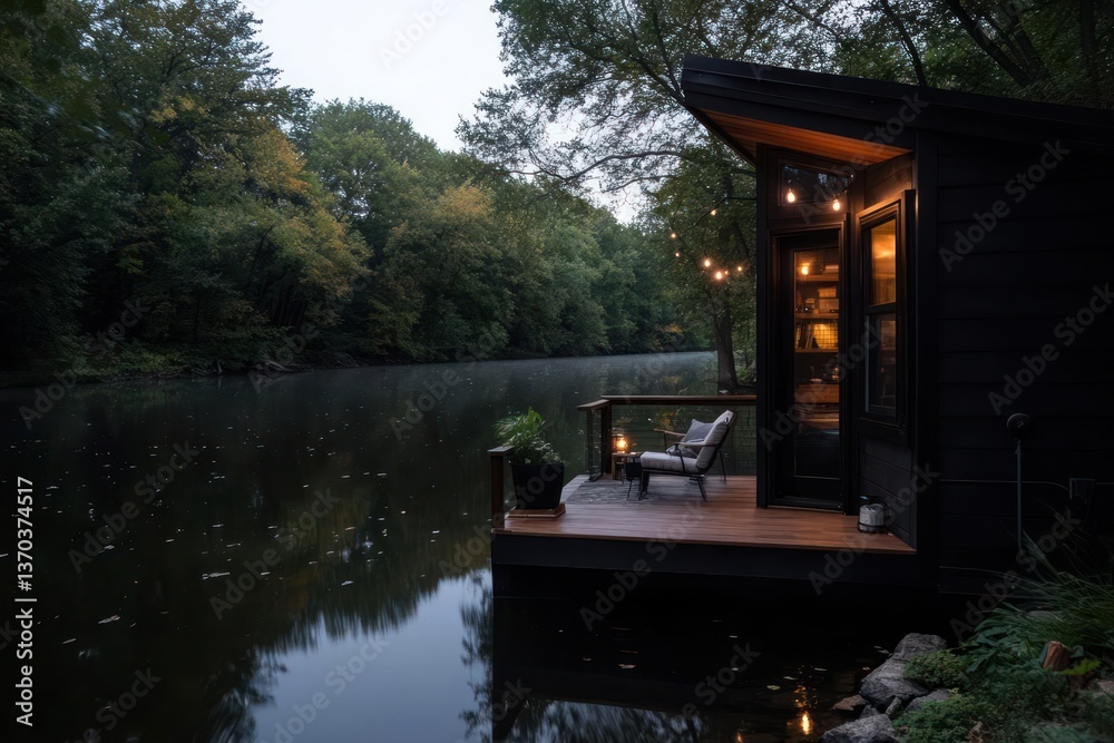 Poster cozy lakeside cabin at dusk with string lights illuminated wooden deck and relaxing chair surrounded