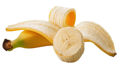 Half pealed banana Isolated On PNG Transparent and White Background 