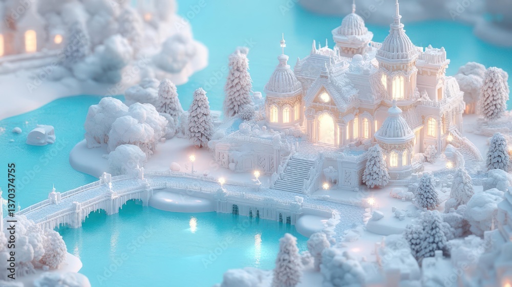 Aufkleber snow covered fantasy castle on a turquoise lake with sparkling bridge and illuminated buildings
