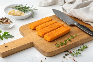 Breaded Fish Sticks with Lemon and Herbs on Cutting Board &ndash; Food Preparation Scene