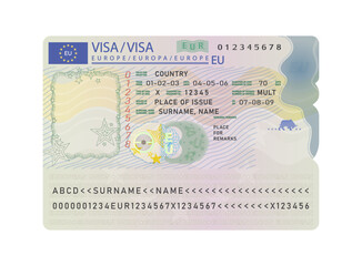 Europe tourist schengen visa sticker template isolated on a white background. Travel visa document. Vector illustration. European Union
