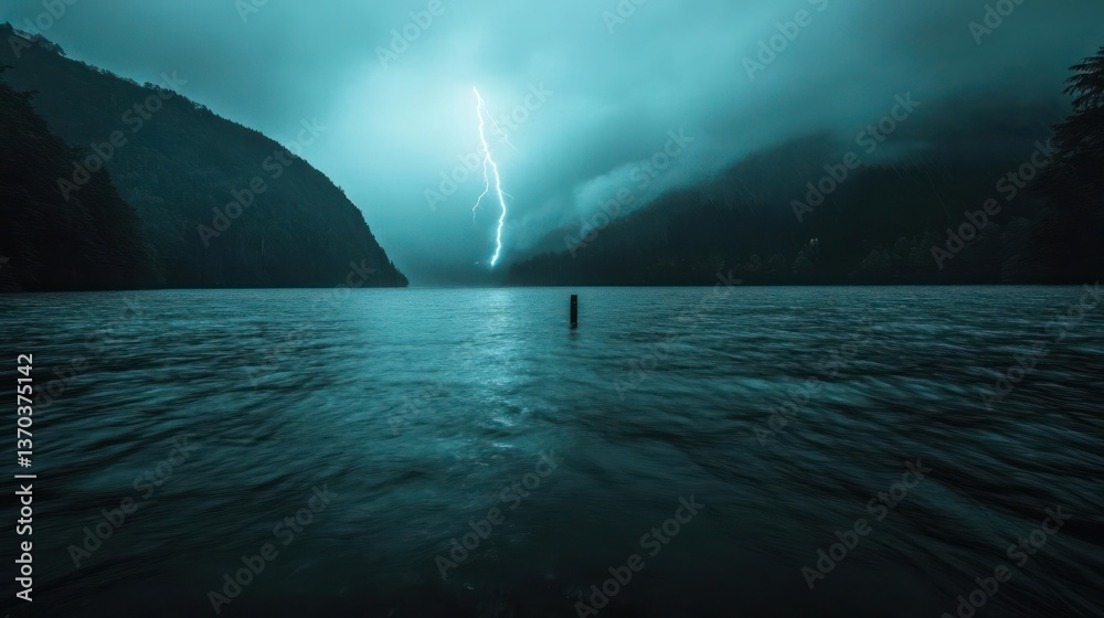 Poster lightning strikes over a calm lake and silhouetted mountains at night creating a dramatic scene