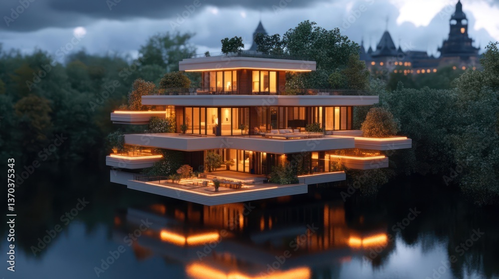 Poster Modern Floating Home With Multi-Tiered Design Illuminated At Dusk Above Tranquil Waters Surrounded By Green Trees