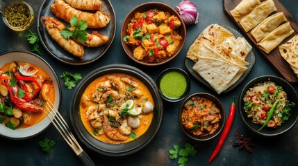 Indian Cuisine Platter with Curries, Naan, and Spices