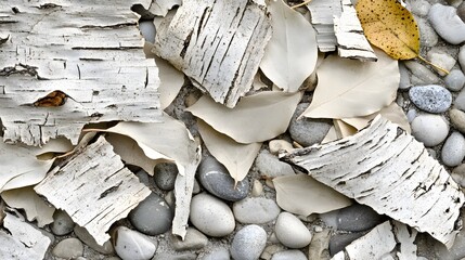 Birch Bark, Autumn Leaves and Stones Texture