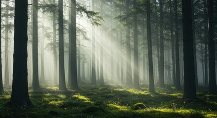 Sunbeams through a misty forest. Atmospheric woodland scene with light rays illuminating the trees and mossy ground.