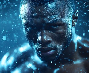 The Intensity of Perseverance: A powerful portrait of an athlete, his face illuminated by the glistening droplets of water.