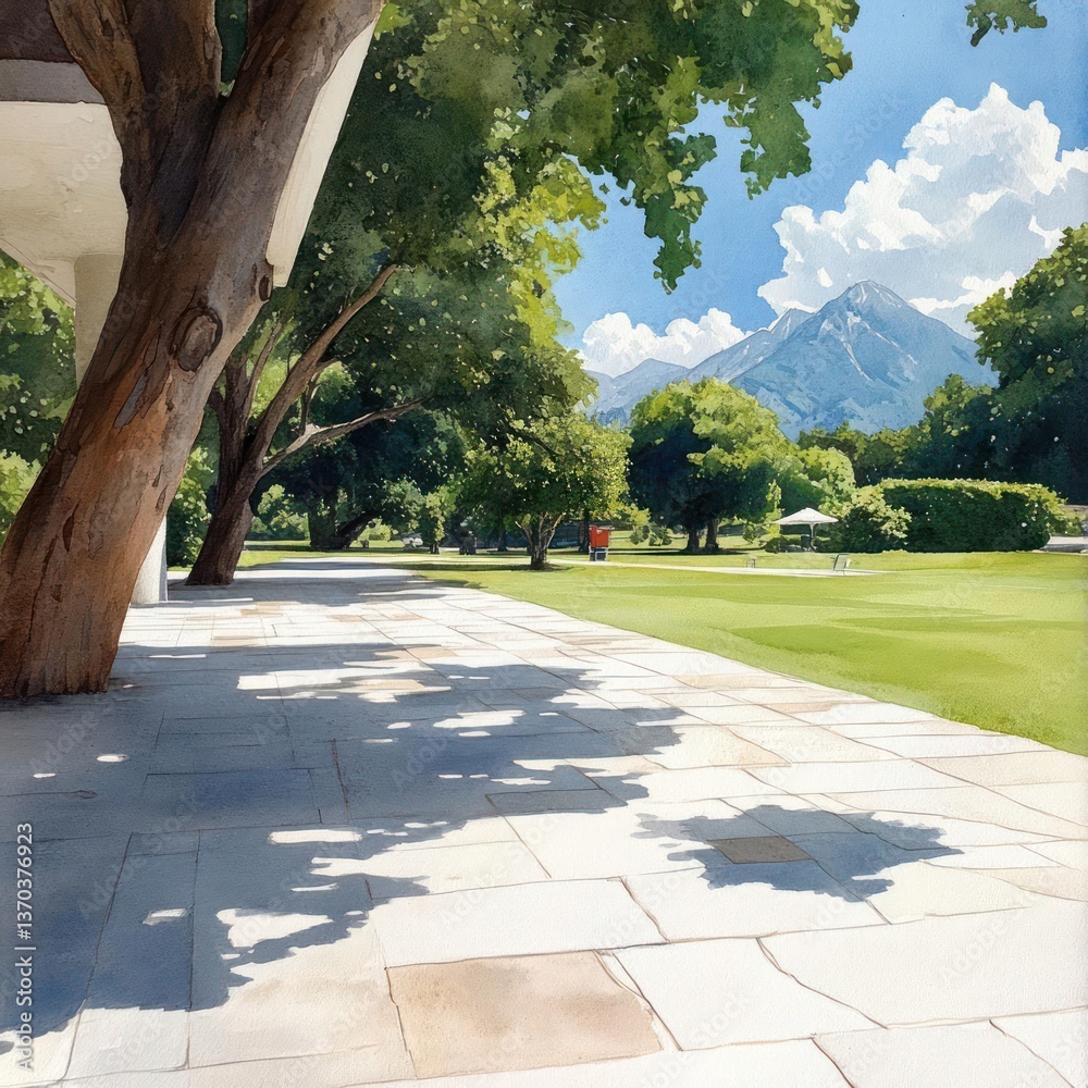 Aufkleber watercolor view of a park with trees pathways and distant mountain under blue sky