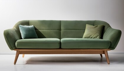 A modern green sofa with a wooden base and two decorative pillows, set against a minimalist wall, perfect for stylish living spaces.