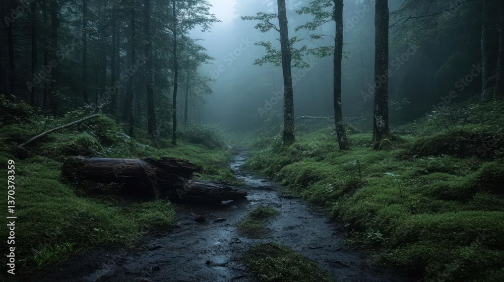 Leinwandbilder misty forest path with green foliage and a log creating a tranquil and atmospheric woodland scene