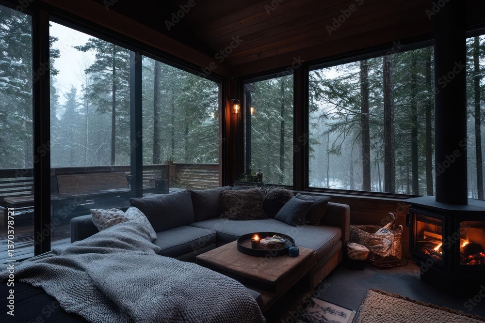 Poster cozy indoor scene with fireplace sofa and snowy forest view through large windows