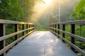 Fototapeta premium Elevated Metal Walkway in Tropical Rainforest at Sunrise, Golden Rays Through Misty Treetops, Lush Green Foliage, Serene Atmosphere, Inviting Pathway, Nature Exploration, Jungle Adventure