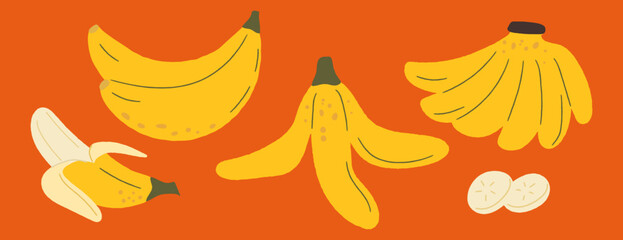Set of Ripe Bananas in different shapes Vector Illustration 