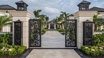 Luxurious estate entrance with ornate gates