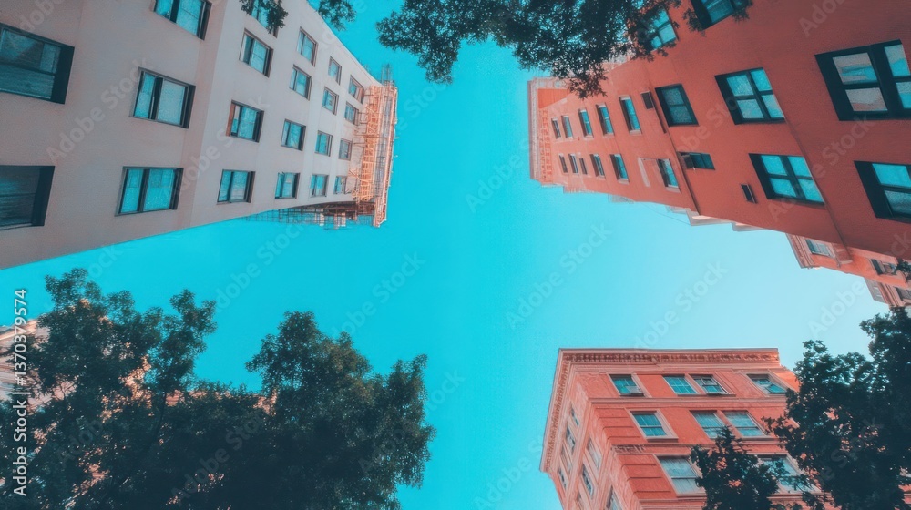 Poster low angle view of buildings with blue sky and trees pixelated art effect