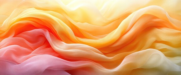 Fototapeta premium Flowing, dreamy pastel silk. Gradient of pink, orange, and yellow hues. Soft, gentle waves
