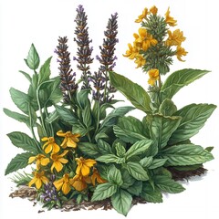 Obraz premium Vibrant Lavender Yellow Flowers Botanical Illustration Watercolor Painting Nature Garden Art Print Herbal Plants Detailed Floral Design