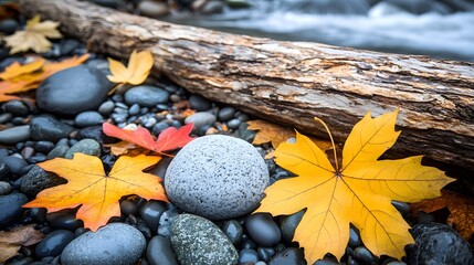 Autumn Leaves on River Rocks and Log