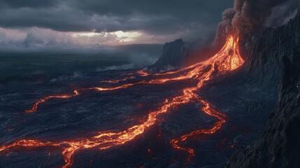 Fototapeta premium Illustration of a volcano erupting, lava flows into the ocean at sunset.