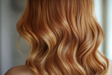 Fototapeta premium closeup view of wavy long ginger hair, flowing gracefully. The warm tones of the hair create a captivating visual with natural curls and highlights
