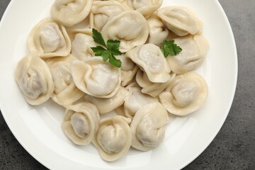 Delicious dumplings with fresh parsley on grey table, top view