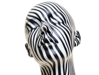 Abstract art design featuring a striped mannequin head and neck on a transparent background, cut out