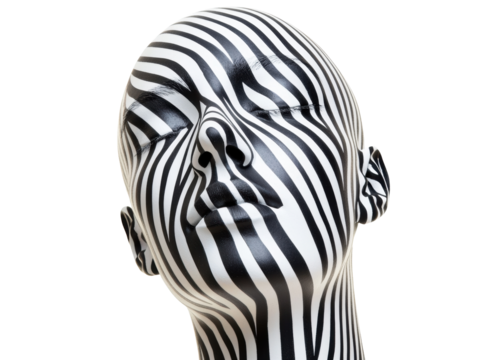 Abstract art design featuring a striped mannequin head and neck on a transparent background, cut out