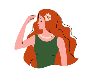 Woman with red long hair vector illustration. Luxury girl in fashion pose. Female character with face turned to the side, close eyes, smile. Beauty in modern flat style. Isolated on white background