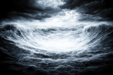 Fototapeta premium Tumultuous ocean waves beneath a dark, stormy sky, suggesting power and a hint of light piercing the gloom