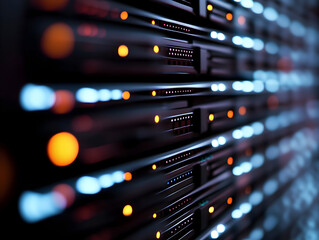 AI generated image of illuminated data servers in a dark room, showcasing modern technology infrastructure, network systems, cloud storage, and high-performance computing in a futuristic digital