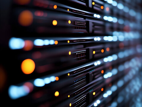 AI generated image of illuminated data servers in a dark room, showcasing modern technology infrastructure, network systems, cloud storage, and high-performance computing in a futuristic digital