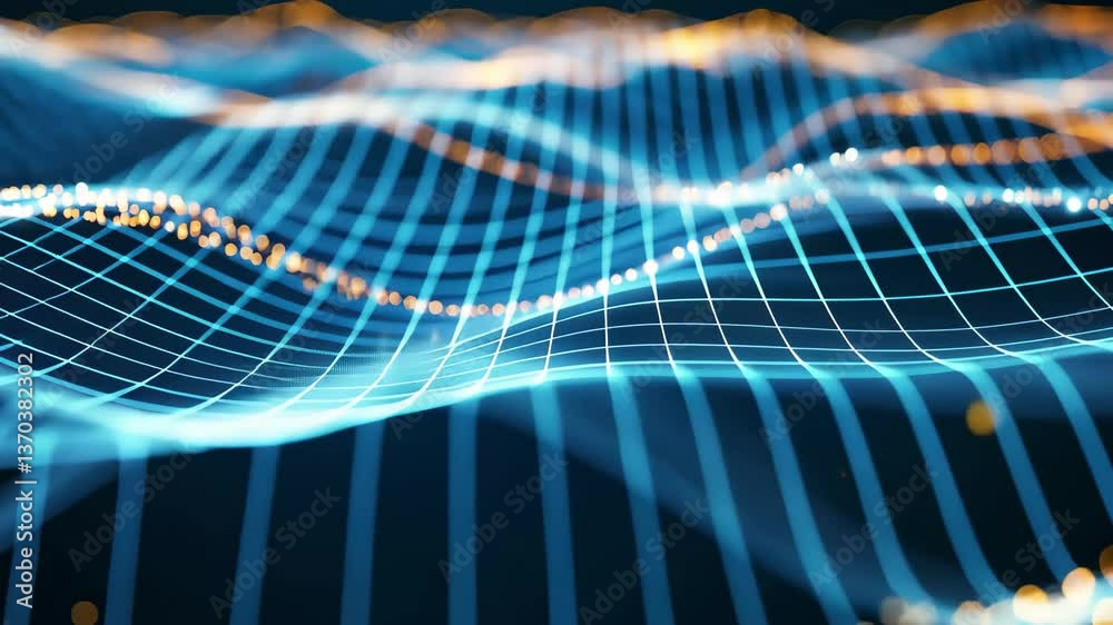 Poster a vibrant digital landscape displays undulating waves formed by interconnected lines and glowing par
