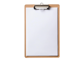 Blank clipboard with blank sheet for office or academic use on a transparent background, cut out