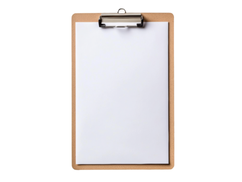 Blank clipboard with blank sheet for office or academic use on a transparent background, cut out