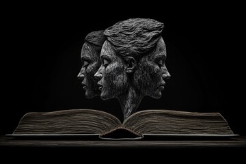 A black-and-white minimalist poster showing faces from different backgrounds emerging from an open book