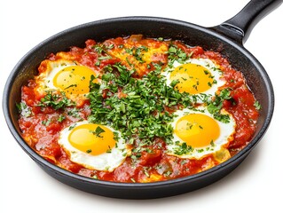 Shakshuka with Eggs in Tomato Sauce and Parsley in a Pan