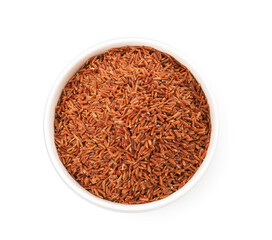 Raw brown rice in bowl isolated on white, top view