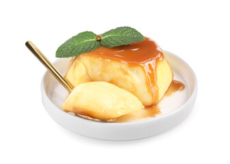 Delicious pudding with caramel sauce and mint isolated on white