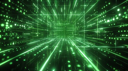Fototapeta premium Abstract perspective view of glowing green dots and lines in motion creating a futuristic technology tunnel.
