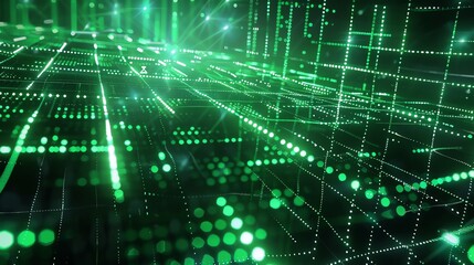 Fototapeta premium Abstract background of glowing green dots and lines. Futuristic technology concept. 3D rendering.