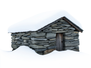Rustic stone cottage covered in fresh snow during winter season on a transparent background, cut out