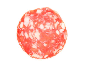 One slice of tasty smoked sausage on white background, top view