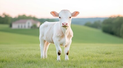 Obraz premium Cute white calf in a grassy field