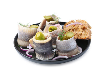 Delicious herring rolls with olives, pickles, dill, onion and bread pieces isolated on white