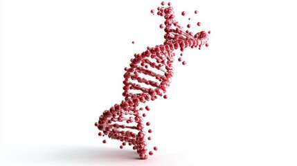 Red, glossy DNA double helix over white background, biology, science, genetics.