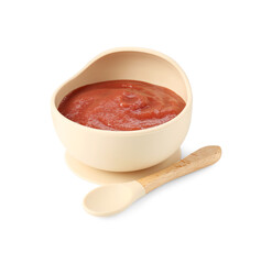 Baby food. Tasty puree in bowl and spoon isolated on white