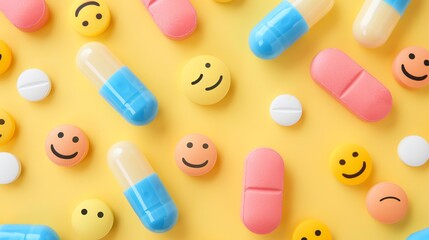 Colorful pills and capsules with smiley faces on a yellow background. The pills are arranged in a random pattern.