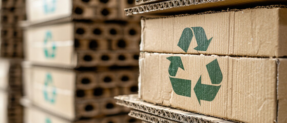 Obraz premium Stacked cardboard boxes featuring a green recycling symbol, highlighting sustainability and eco-friendly practices in packaging.