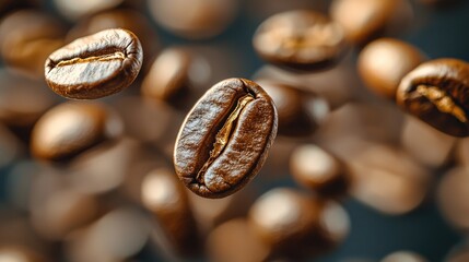 Fototapeta premium Coffee Beans Falling on Dark Background, Fresh and Aromatic, Natural Ingredients for Culinary Use in Beverages