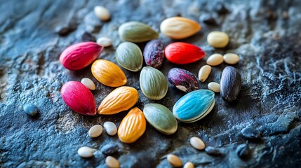 Vibrant Cluster of Seeds in Various Colors and Sizes Scattered on a Textured Stone Surface